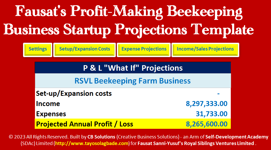 Get Fausat’s Profit-Making Beekeeping Business Startup Projections MS Excel Workbook Template [For Feasibility Study/Business Plan Preparation] | Join the RSE Club!