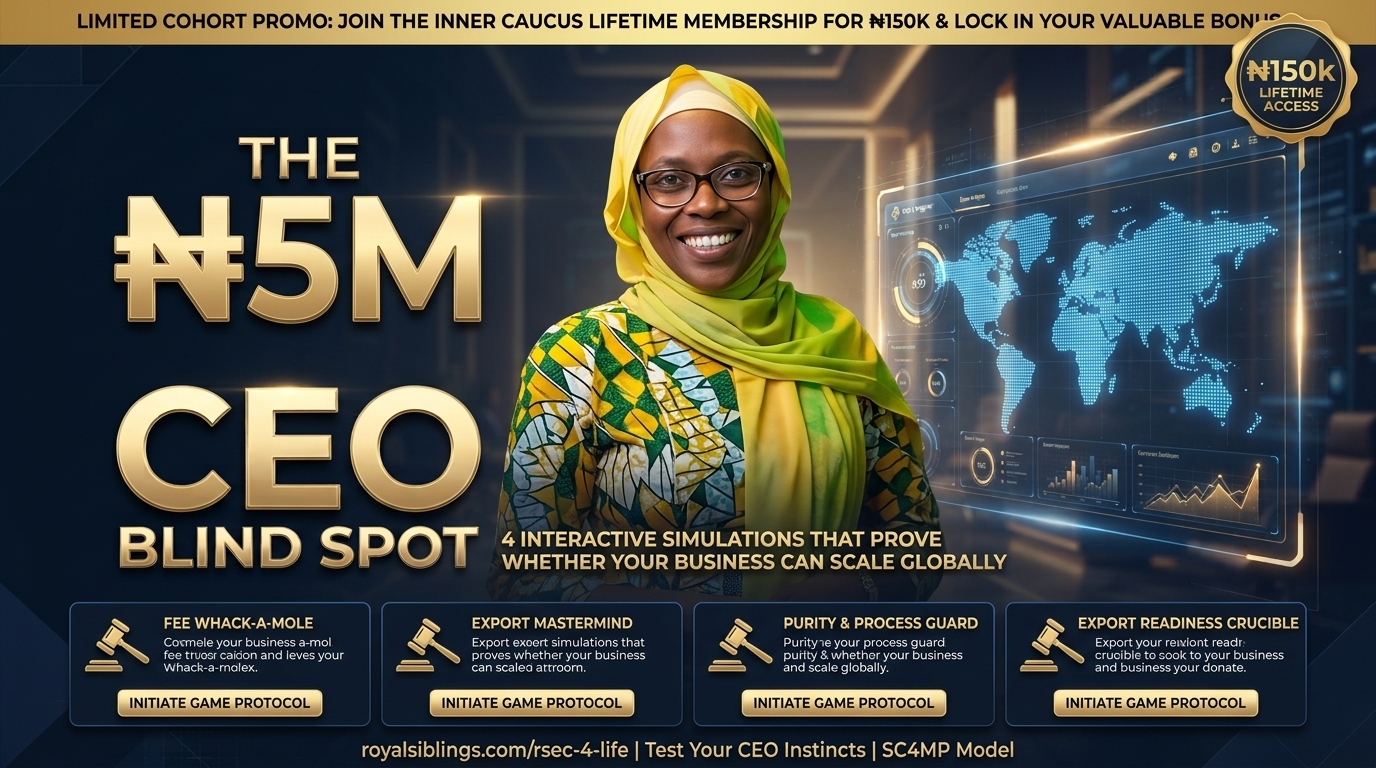 The ₦5m CEO Blind Spot: 4 Interactive Simulations That Prove Whether Your Business Can Scale Globally  TIP: The ₦150k Cheat Code: Get Lifetime Inner Caucus Access and Your Own Branded Executive Game Engine FREE